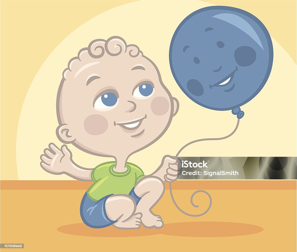 Baby boy with a balloon Illustration of a baby boy that is holding a balloon while smiling up at an adult. 0-11 Months stock vector