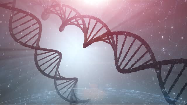 artistic DNA chain double helix with binary code animation in bright digital science cyberspace.