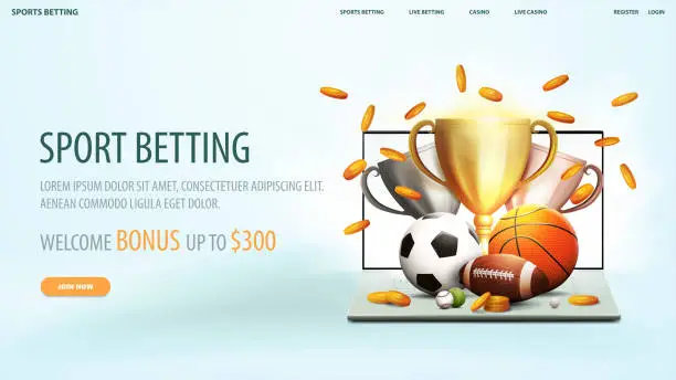 Vector illustration of Sport betting, white web banner with interface elements, laptop and sport balls flying up of the screen