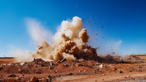 Electric detonator blasting on the construction site in the Arabian desert
