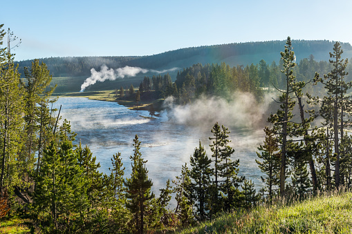 Thermal surface activity as seen from the hill of the Yellowstone River in National Park, Wyoming
