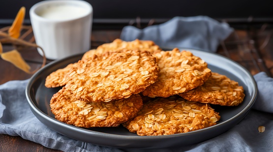 A close-up view of a plate with delicious golden brown oatmeal cookies