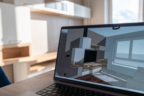 istock Laptop on the kitchen table with sketch 3d model of this apartment on the screen 1570125285