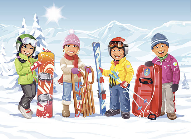 Winter Vacation Four youngsters with a snowboard, skis and sleds standing in winter landscape on a bright sunny day. In the background are snowy hills, mountains and a clear blue sky. EPS 10 -image contains transparencies (sun), fully editable, grouped and labeled in layers. kids snow suits stock illustrations