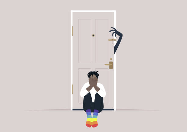 Homophobia, a young character in rainbow socks scared of a monster hand trying to open the door Homophobia, a young character in rainbow socks scared of a monster hand trying to open the door ugly people crying stock illustrations