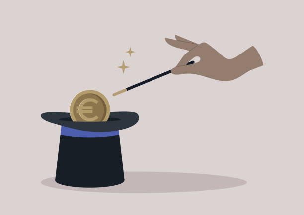 A hand doing a trick with a magic wand, a cylinder hat, and a disappearing euro coin A hand doing a trick with a magic wand, a cylinder hat, and a disappearing euro coin magician money stock illustrations