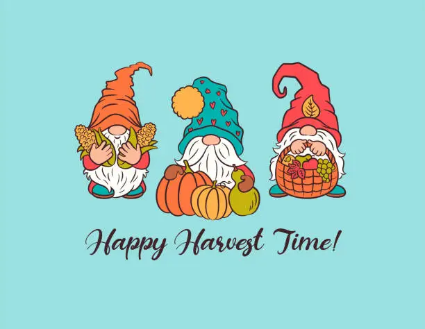 Vector illustration of Happy harvest card cute design with gnomes.