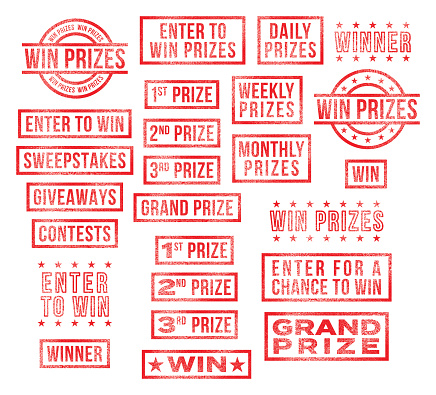 Set of sweepstakes, win prizes, giveaways rubber stamps. Stamps vector illustration isolated on a white background.