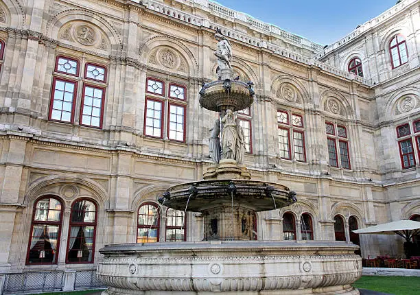 details of water fountain in front of The Vienna Opera house in Vienna, Austria