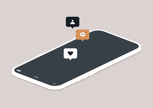 Online app push notifications, a mobile phone with pop up icons of followers, likes and comments, social media concept