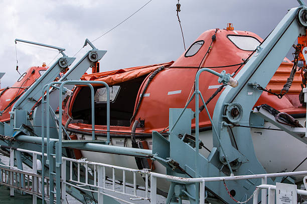 Lifeboats secured on a ferry stock photo