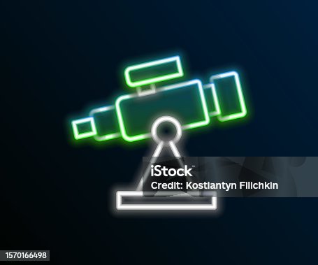 istock Glowing neon line Telescope icon isolated on black background. Scientific tool. Education and astronomy element, spyglass and study stars. Colorful outline concept. Vector 1570166498