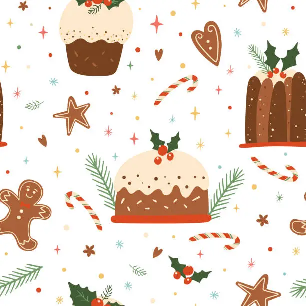 Vector illustration of Christmas dessert seamless pattern. Vector winter holiday pudding, food, gingerbread repeat background