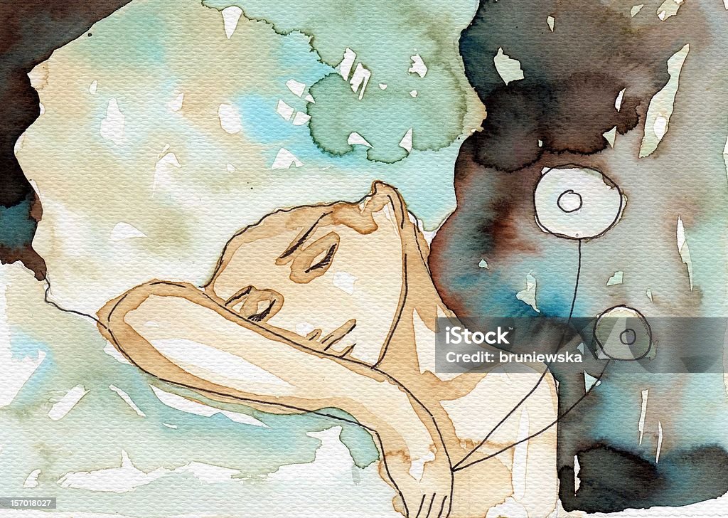 Watercolor painting of a girl sleeping watercolor portrait of a woman.  Women stock illustration