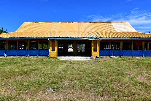 Vaiaku, Fongafale island, Funafuti Atoll, Tuvalu: the colorful Vaiaku community meeting house, a maneapa - located by the airport - Funafuti Atoll is the capital of Tuvalu.