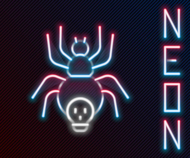 Glowing neon line Poisonous spider icon isolated on black background. Happy Halloween party. Colorful outline concept. Vector Glowing neon line Poisonous spider icon isolated on black background. Happy Halloween party. Colorful outline concept. Vector. blue tarantula stock illustrations