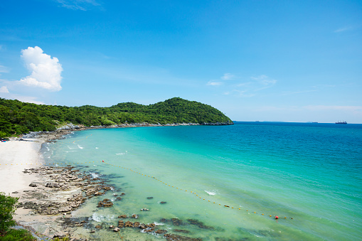 Panorama view along Hat Tham Phang beach on island Ko Sichang in Chonburi province. Beach is at western coast of island
