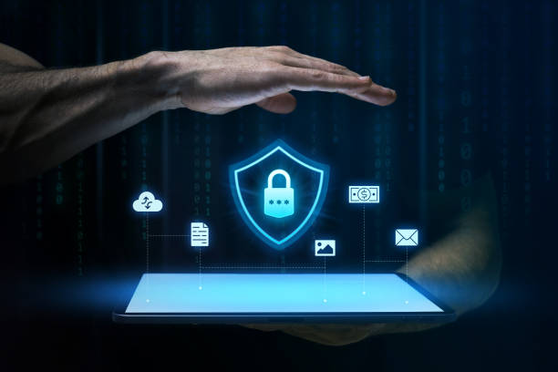 Cyber Security shield lock in futuristic style with hands over it. Concept of internet privacy or protected files