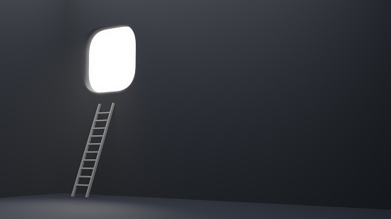 Ladder to the white window in the dark room.Concept of searching solution. 3D rendering