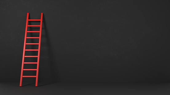 Red ladder near the wall in dark room. Concept for business solution. 3D rendering.