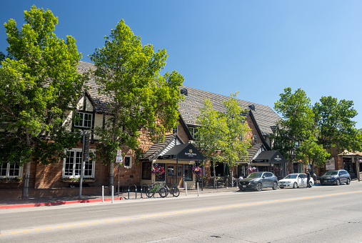 Cars and people visible near The Wort Hotel on Glenwood Street at Jackson (Jackson Hole) in Teton County, Wyoming