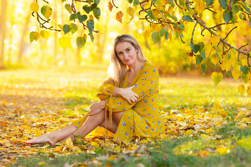 Attractive young woman in yellow dress is sitting in grass covered with yellow autumn leaves in the shadow of tree with golden foliage.