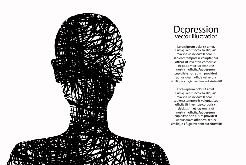 Depression. Vector silhouette of a very sad woman. The concept of stress, metaphors, hopelessness. Depressive girl, concept art of psychological illness.