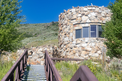 National Museum of Wildlife Art on Rungius Road at Jackson (Jackson Hole) in Teton County, Wyoming. Founded in May 1987, the museum was moved here in 1994 and given an Idaho quartzite façade inspired by Slains Castle ruins in Aberdeenshire, Scotland.