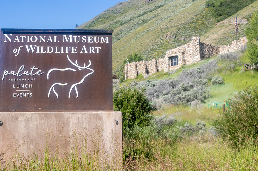 National Museum of Wildlife Art on Rungius Road at Jackson (Jackson Hole) in Teton County, Wyoming. Founded in May 1987, the museum was moved here in 1994 and given an Idaho quartzite façade inspired by Slains Castle ruins in Aberdeenshire, Scotland.