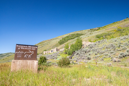 National Museum of Wildlife Art on Rungius Road at Jackson (Jackson Hole) in Teton County, Wyoming. Founded in May 1987, the museum was moved here in 1994 and given an Idaho quartzite façade inspired by Slains Castle ruins in Aberdeenshire, Scotland.