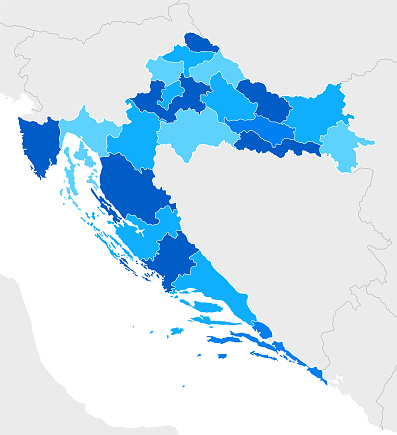 High detailed Croatia Blue map with Regions and national borders of Slovenia, Hungary, Austria, Italy, Serbia, Bosnia and Herzegovina, Montenegro, Albania