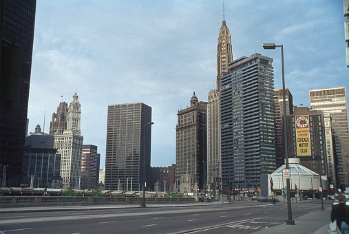 Chicago, Illinois, USA, 1981. Cityscape of Chicago. Also: pedestrians.