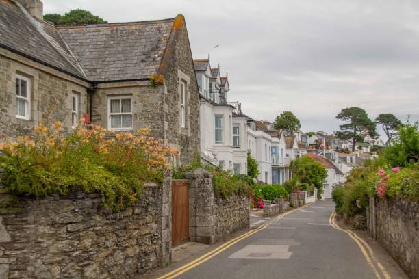 Buildings along a single track road in St Mawes, Cornwall