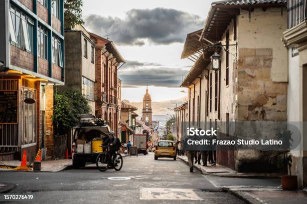 Historic La Candelaria Neighborhood In Bogota Stock Photo - Download Image Now - Bogota, Colombia, Architecture