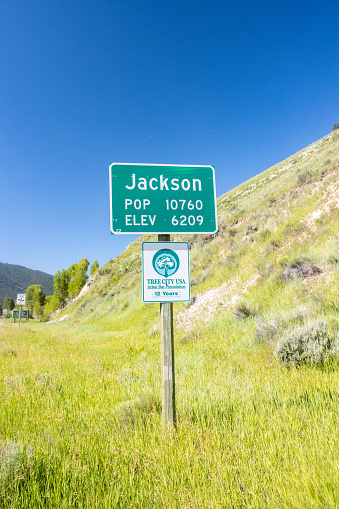 A sign stating that Jackson is a member of Tree City USA (Arbor Day Foundation) at Jackson (Jackson Hole) in Teton County, Wyoming
