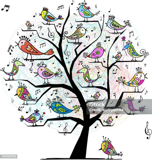 Ilustración de Divertido Cantar Árbol Con Aves Para Su Diseño y más Vectores Libres de Derechos de Fondos - Fondos, Hoja de Partitura, Niño