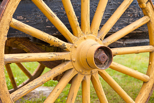 istock Old painted yellow wagon wheel on historic cart 157029904