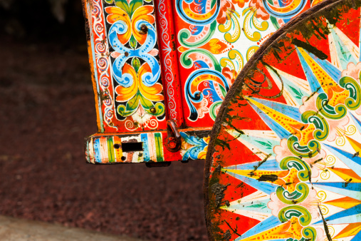 Old traditional Costa Rica design on a wheel of an old wagon with nice symbols, shapes and colors.