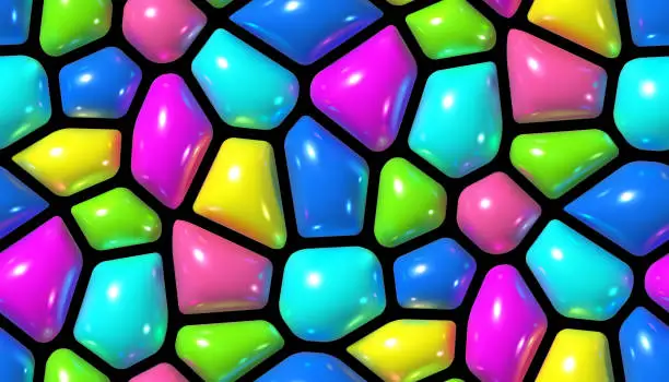 Vector illustration of Seamless pattern with multicolored 3D gemstone-like shapes, abstract Voronoi vector background