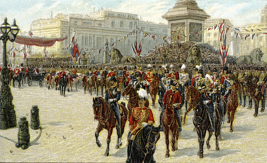 Queen Victoria procession. Authentic vintage engraving circa late 19th century. Digital restoration by pictore