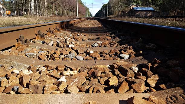 the rails of the branch line are intended for the movement of trains - railroad spikes imagens e fotografias de stock
