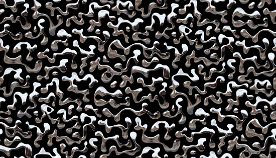 Abstract seamless pattern with chrome wave like amorphous liquid metal elements, Y2K and futuristic design background