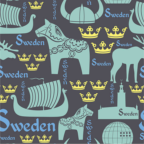 bezszwowe ciemny wzór z symboli of sweden - sweden horse swedish culture viking stock illustrations