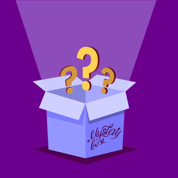 istock Mystery Secret box. Cardboard open box with Question mark. Holiday surprise box on a purple background. 1570337290