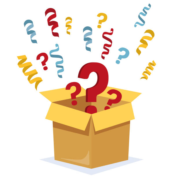 istock Mystery Secret boxes. Cardboard open box with Question mark. Holiday surprise box isolated on white background. 1570337853