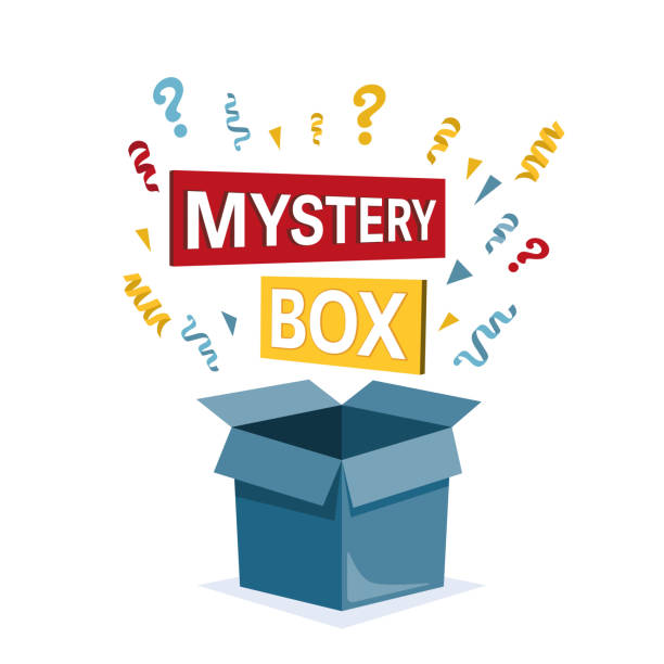 istock Mystery Secret boxes. Cardboard open box with Question mark. Holiday surprise box isolated on white background. 1570337881