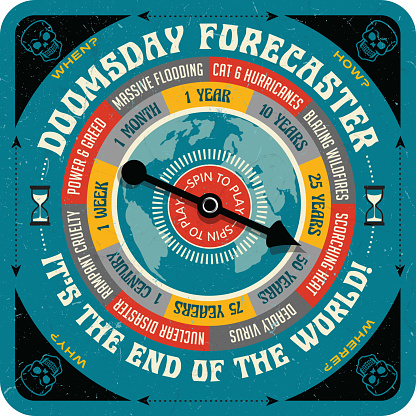 Board game with spinning arrow and predictions about the end of the world. Vector illustration for websites, games, print.