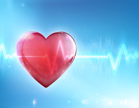 Vector illustration of red heart shape with electrocardiogram line on blue soft background. 