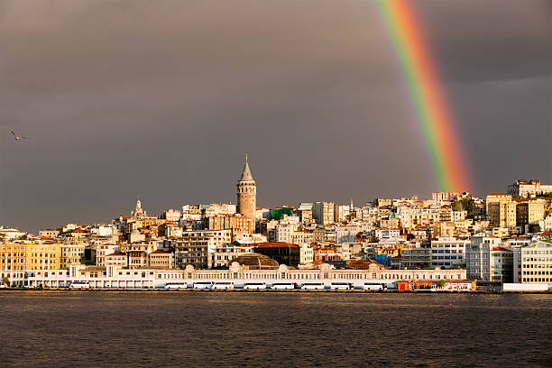 Rainbow over Galata tower in Istanbul, Turkey