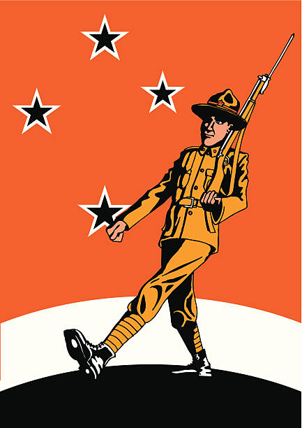 New Zealand ANZAC Soldier Vintage style war poster illustration of a WWII era New Zealand ANZAC Soldier marching - complete with Lemon Squeezer hat. southern cross stock illustrations